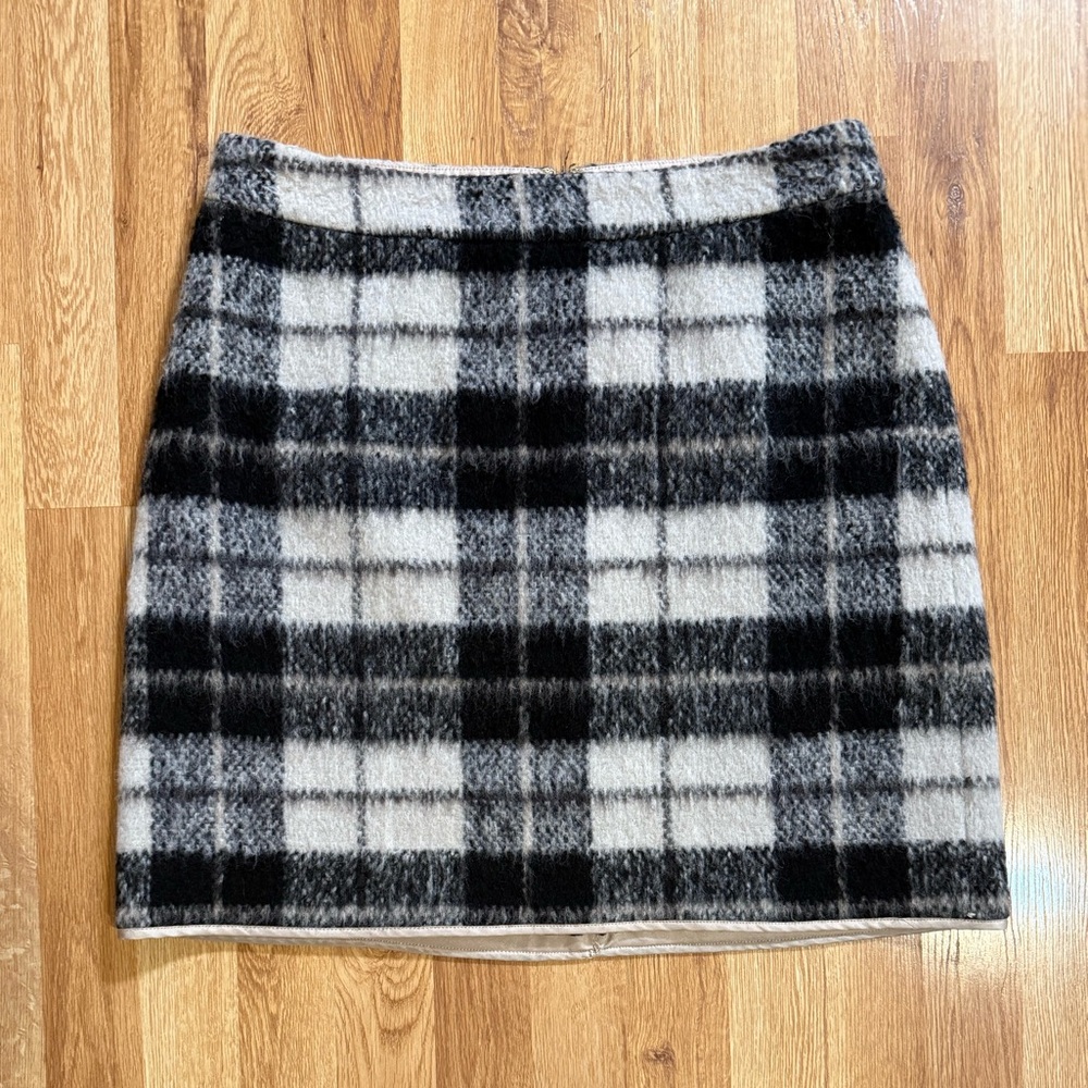 Kate Spade Wool Mohair Plaid Mini Skirt Bouclé Black Cream Size 12